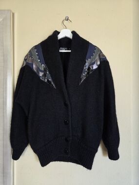 Vintage Mohair Black Shawl-Collar Men's Cardigan 80s 90s